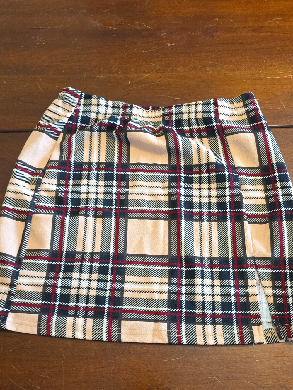 SHEIN Cream Plaid Mini Skirt with Black & Red Tartan